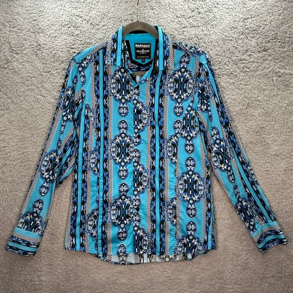 BARABAS Men's Medium Blue‎ Vertical Stripe Pattern Long Sleeve Button Up Shirt